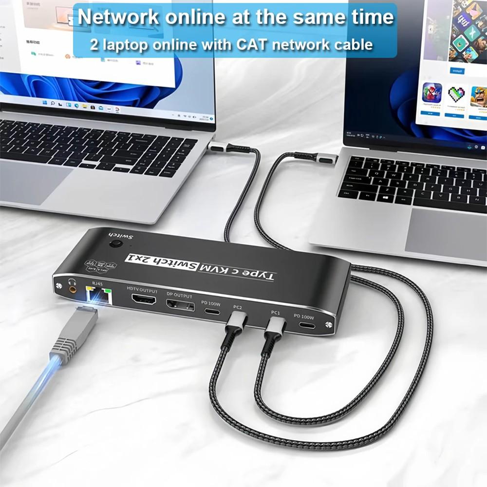 

2 In 1 Out Type C KVM Switcher 7 USB 2.0 Ports Docking Station with RJ45 Ethernet Port for 2 Computers Share 1 Monitor As Shown A