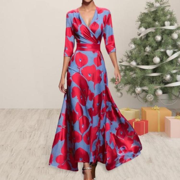 Long Dress for Dating Shopping Banquet Maxi A-line Swing Cross Slim Waist Big V Neck Three Quarter Sleeves Colorful Print Fall Spring