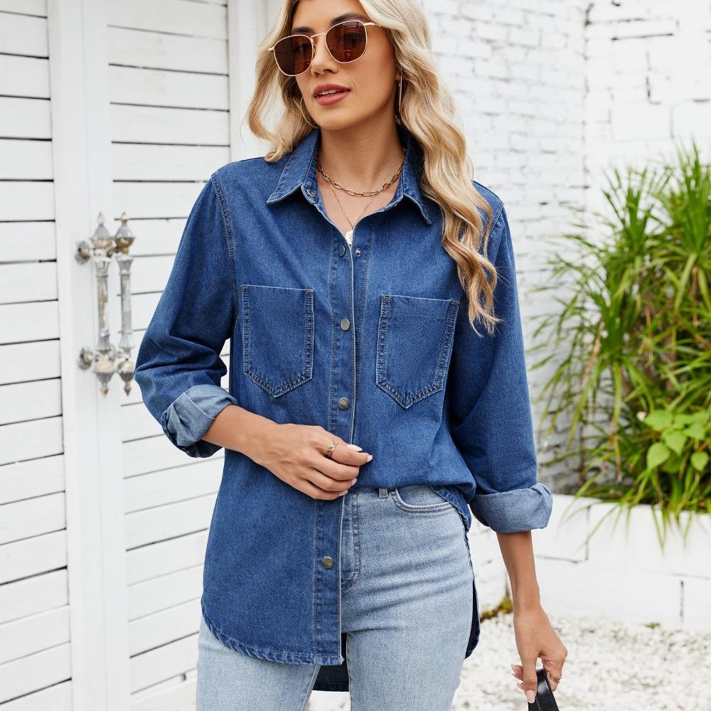 Women's Turn Down Collar Long Sleeve Loose Fit Street Style Mid‑Length Denim Shirt Blouse