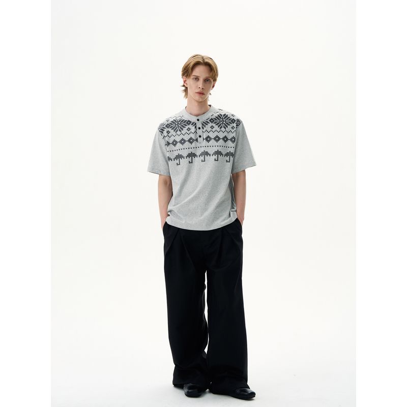 Kisko American Retro Fair Isle Henry Collar Casual Short-Sleeve T-Shirt for Men and Women, High-End Loose Summer Top, Trendy