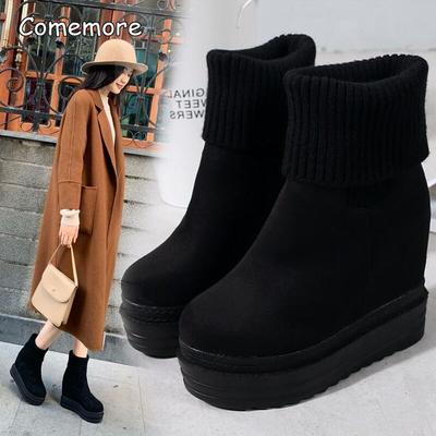 Winter Fashion Platform Black Boots Wedges Women's Botas Height Increasing Ankle Boots Knit Collar Chunky Heel Shoes for Women