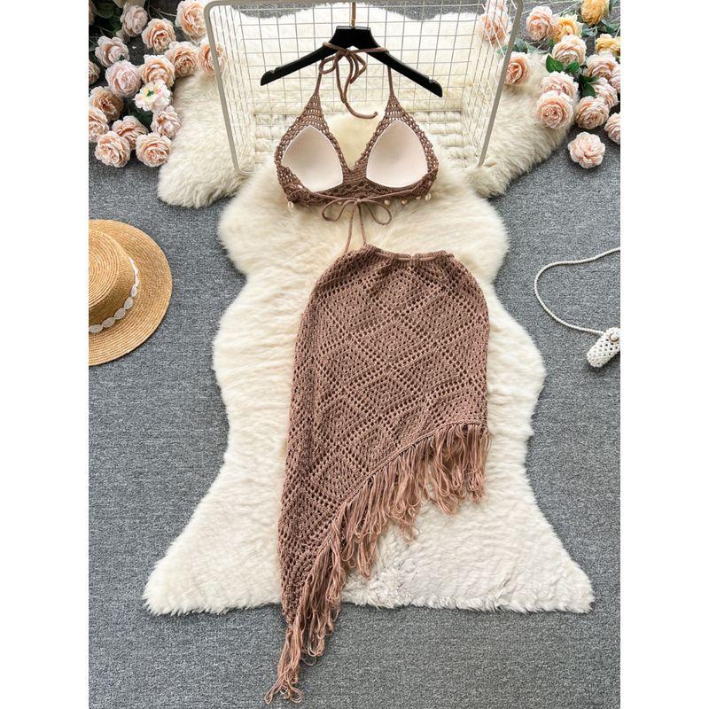 Hong Kong Style Vacation Style Suit Women's Stylish Bikini Halterneck Vest All-Matching Tassel Skirt Knitted Two-Piece