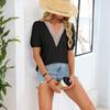 Fashionable Women's Color Princess Sleeve Lace Patchwork V-neck Loose T-shirt Top