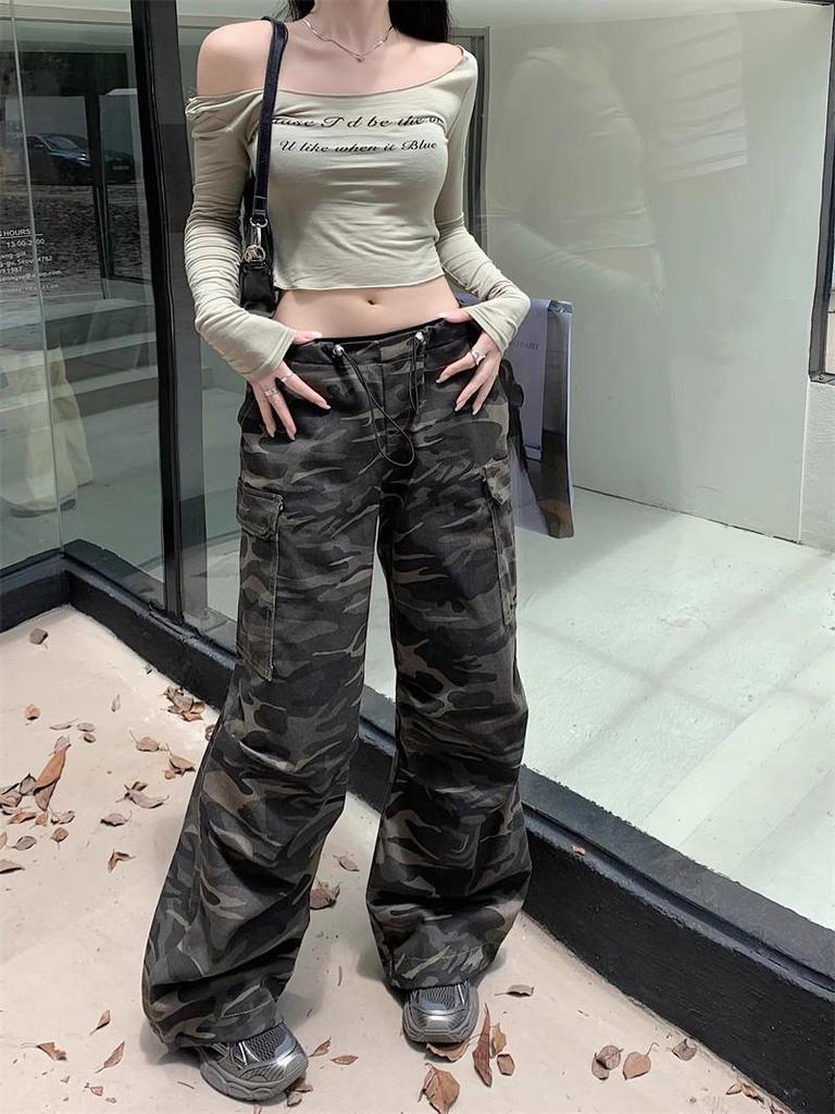 Ancola Röd Vintage Camo Dragskos Arbetsbyxor – Unisex Raka Casual Byxor
