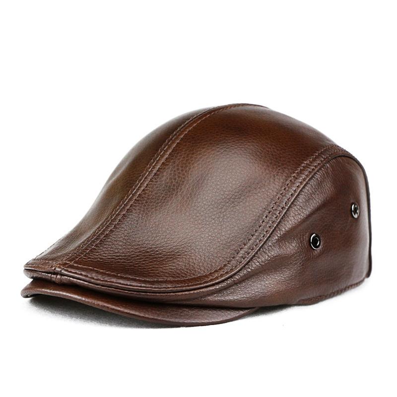 Men's Beret Leather Duck Tongue Cap Thin Section Head Layer Cowhide Beret Forward Hat Short Brim Warm Breathable Adjustable