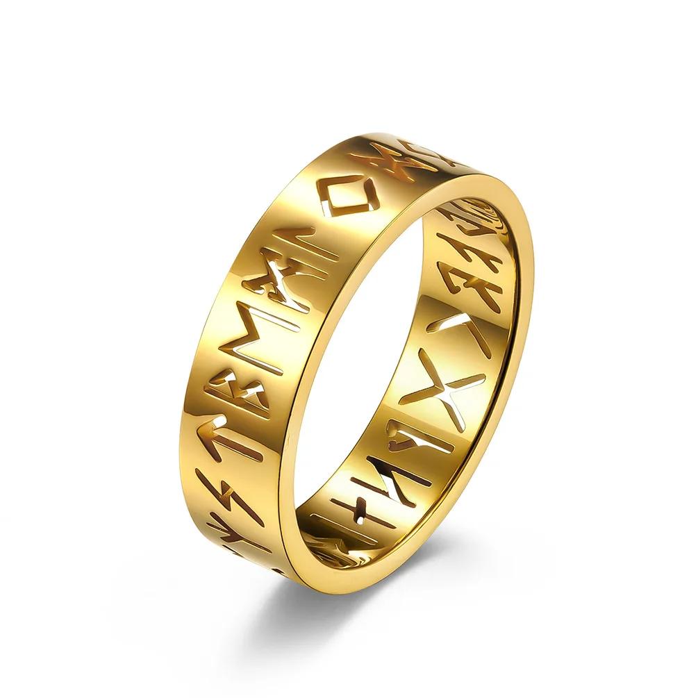Nordic Hollowout Odin Amulet Vintage Rune Ring for Men Stainless Steel Character Ring Wedding Jewelry Valentine's Day Charm Gift