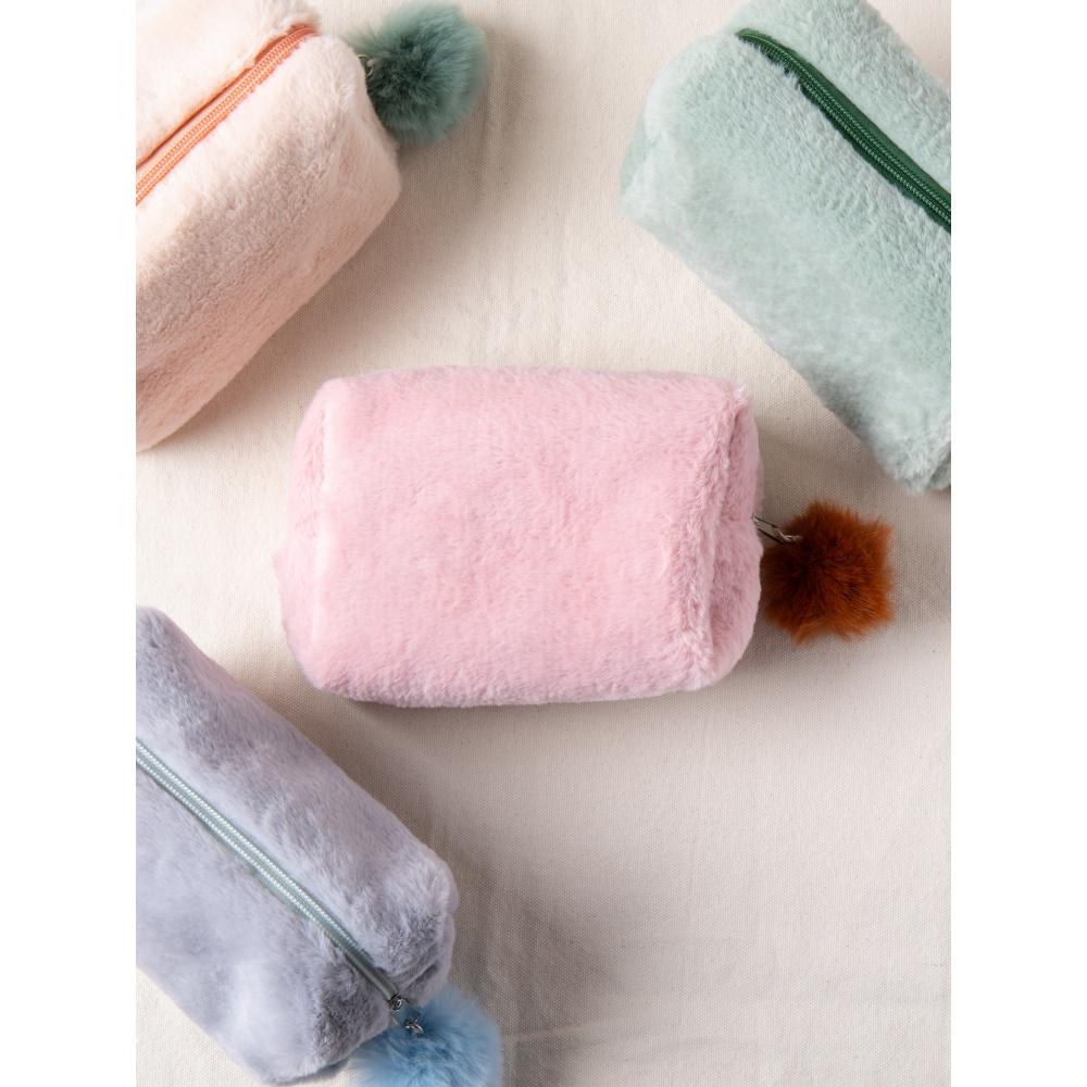 Daiso Pom Pom Rectangular Pouch  Medium Gray (pompom blue)