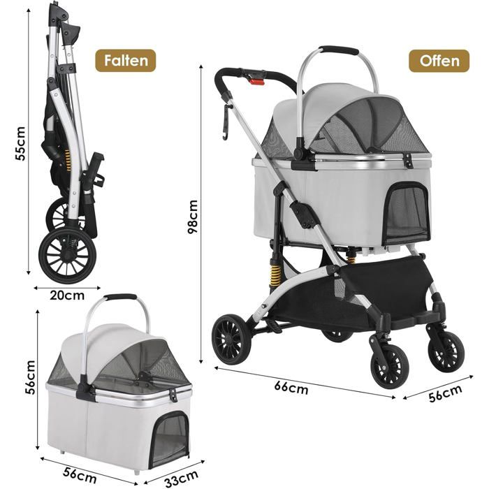 Foldable 3-in-1 Dog Cat Stroller, Pet Stroller with 360° Wheels, Storage Basket, Mesh Window, Cup Holder