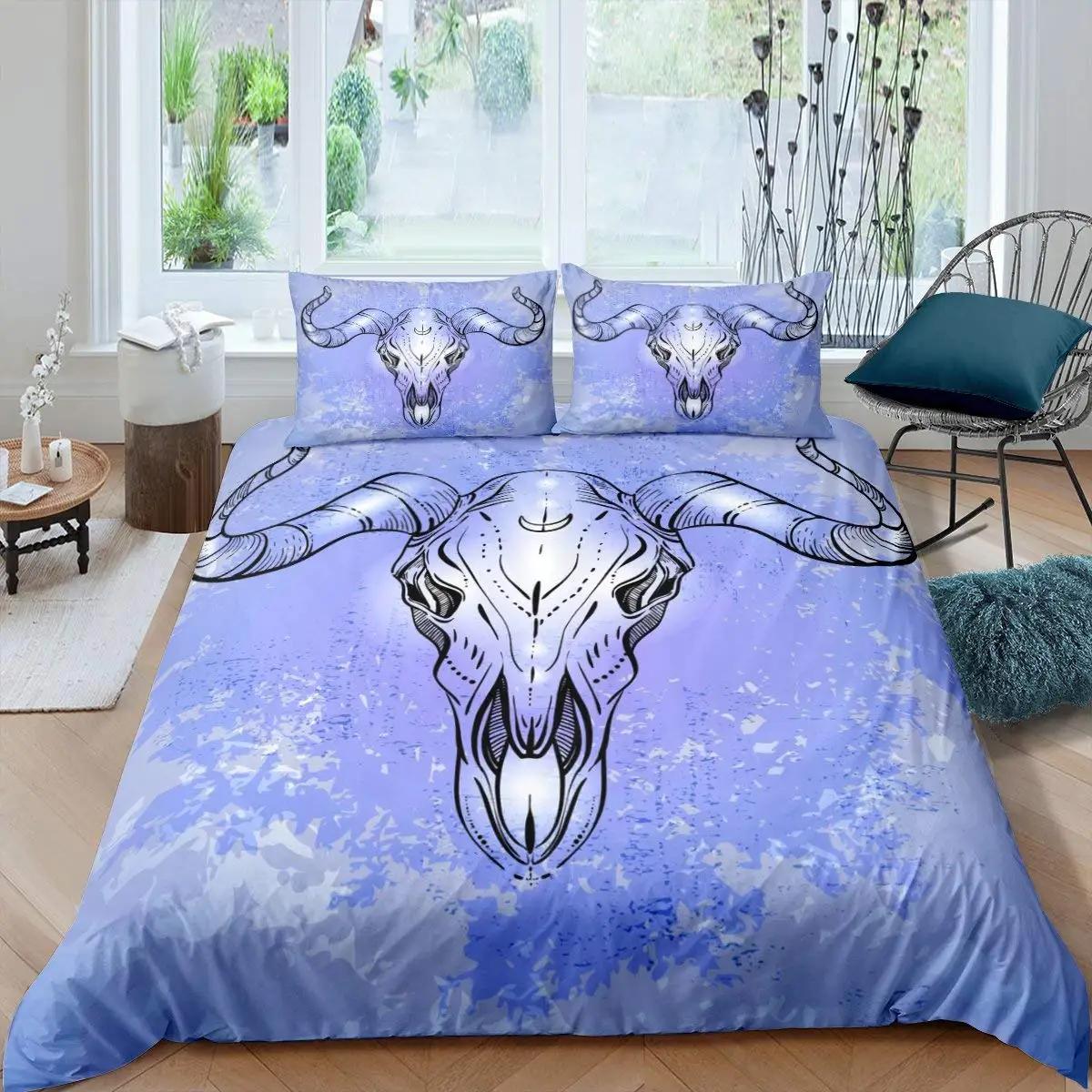 

Comforter Horror House Art Pentagram Goat Skull Devil Dream Hooded Exorcist Image Decorative Bedding Setking Size Blue Comforter (quilt)-EU Single(135*200cm)3pcs