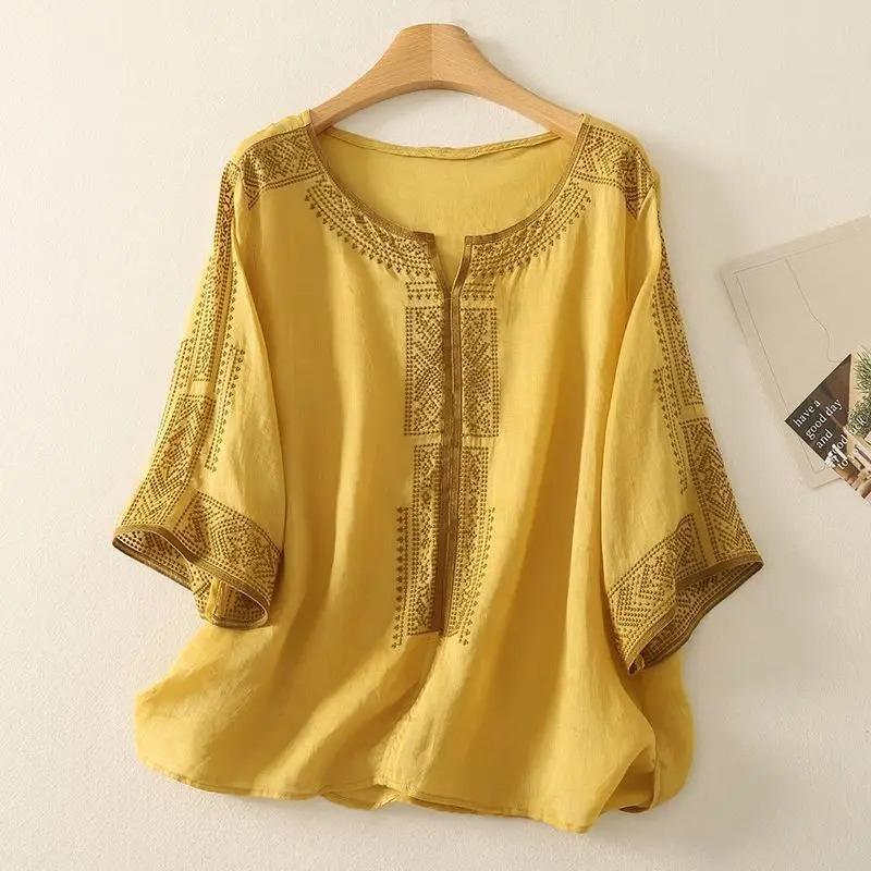 Summer Retro Blouse Linen Women's T-shirt Loose Pullover Tee O-Neck Thin Shirt Three-quarter Sleeves