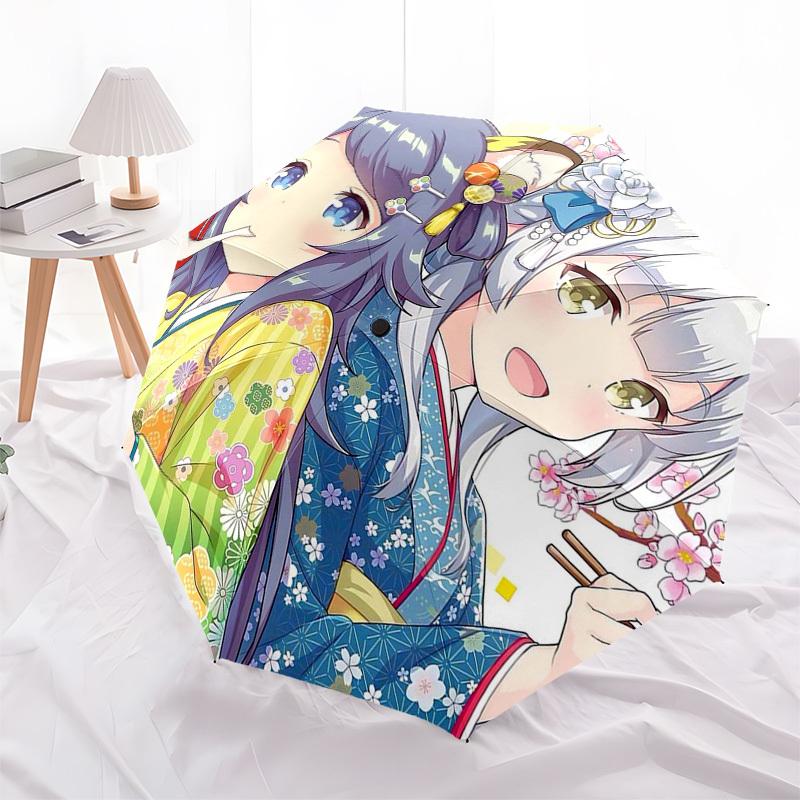 1pc Anime Characters Floral Kimono Print Automatic Folding Umbrella - Portable 3-Fold Design with Iron Frame - Perfect for Fans, Travelers, Daily Use,
