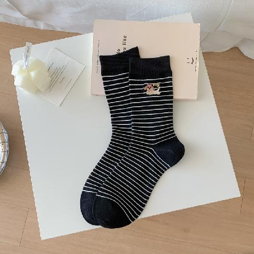 

Striped Socks Women Cartoon Dog Embroidery Kawaii Cute Socks JK Japanese Fashion School Girls Knitted Cotton Elastic Long Socks EUR 35-39