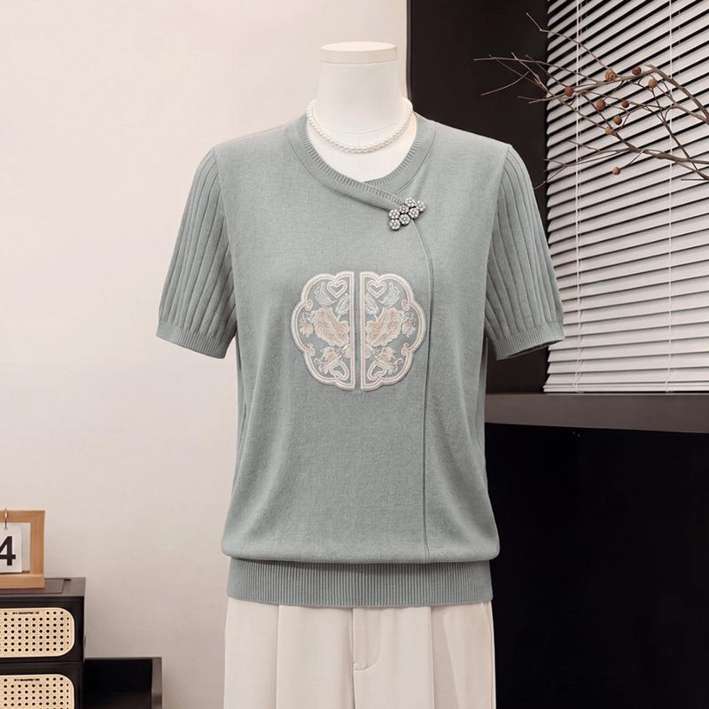 Yuzhaolin Summer New Chinese Style Embroidered Knit Top for Mid-Aged Women
