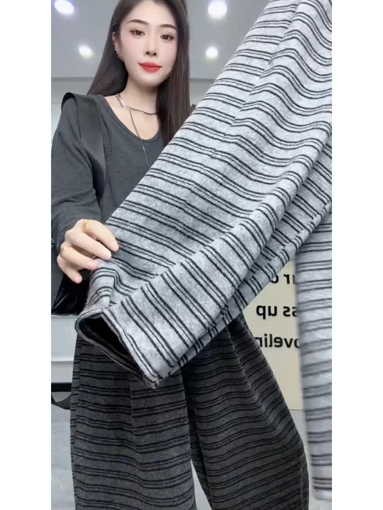 Plus Size Striped Harem Pants with Velvet - Autumn/Winter, Slimming Cropped Fit for Women