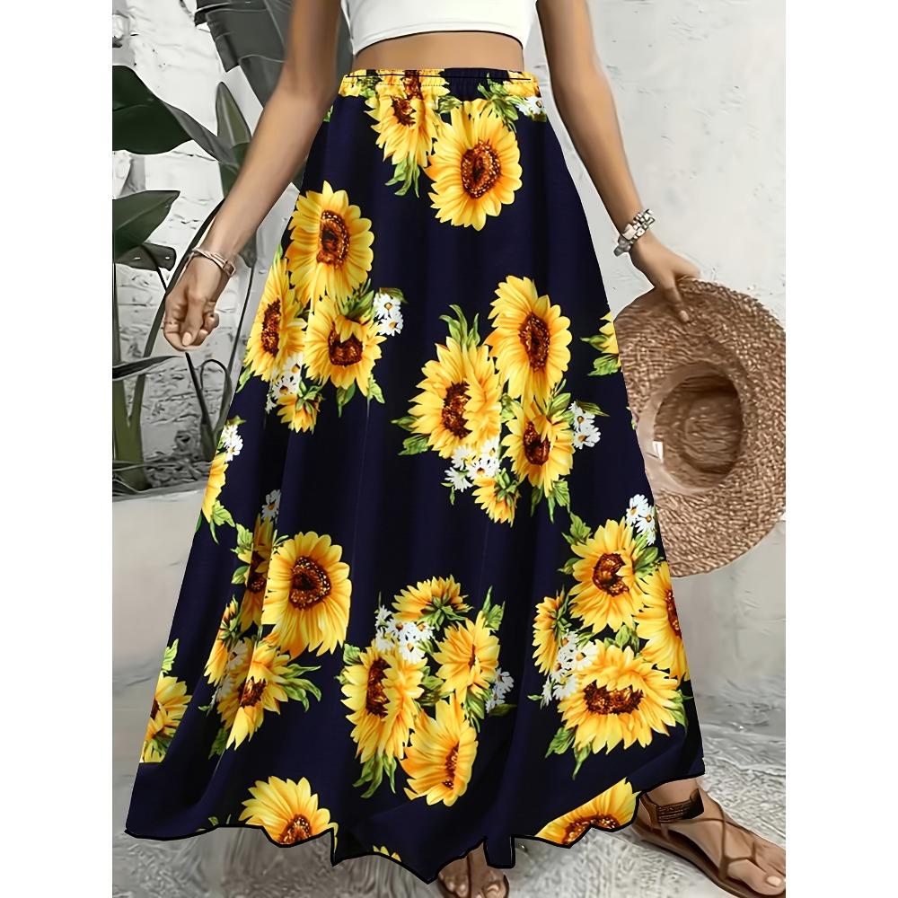 Gonna Lunga Estiva Taglie Forti Donna Stampa Girasole Vacanza Vita Elastica Linea ad A Spiaggia Mezza Gonna