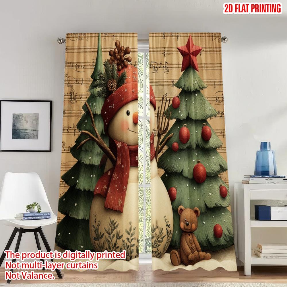 

Set Of 2 Flat Printing Merry Christmas Curtains Snowman Trees Digital Printed Polyester Drapes Festive Wall Decor Curtain Made W100*H70(CM)-Grommet top&1PCS