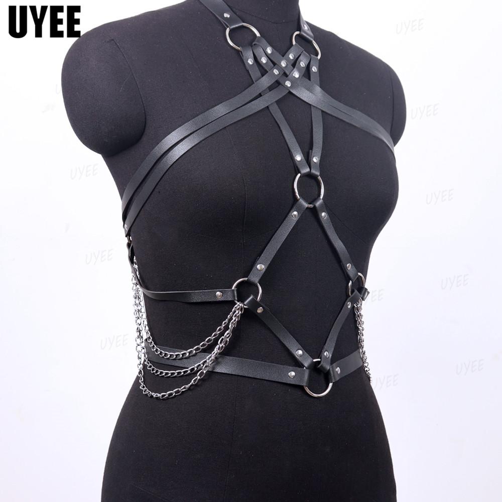 Pu Leather Body Chan Harness Goth Chest Layered Chan Bra wth Rvets