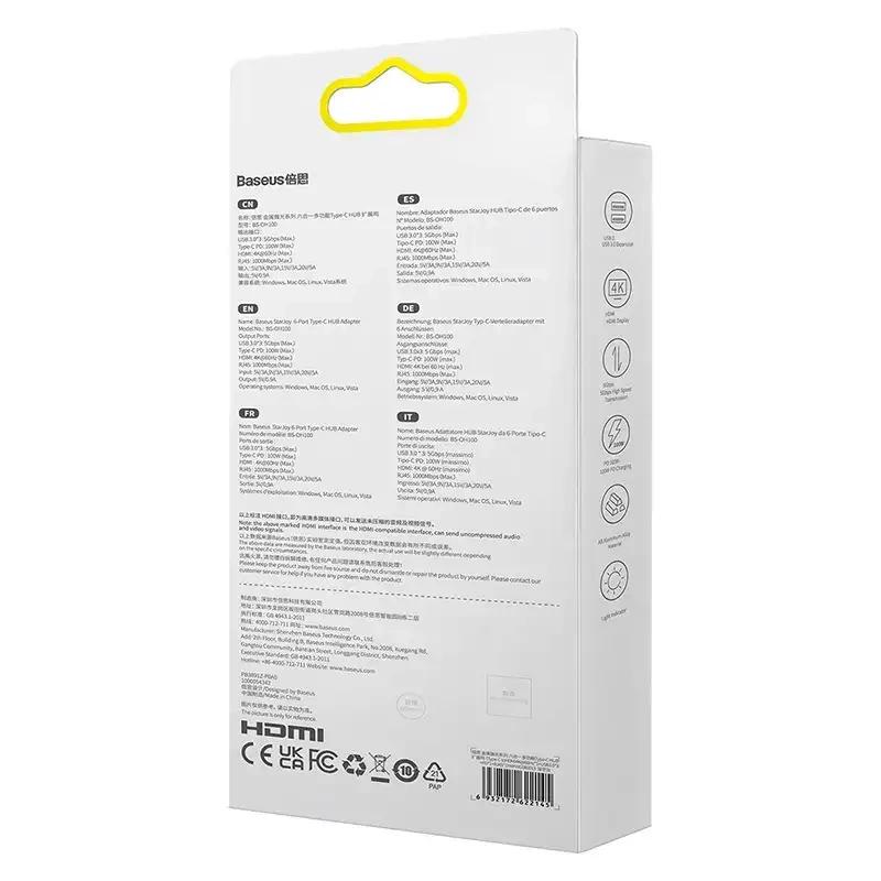 Hub 6W1 Baseus Starjoy Series, Usb-C Do Hdmi + 3 X Usb 3.0 + Usb-C Pd + Rj45