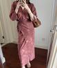 Elegant Burgundy Silk Wrap V-Neck Dress with Mid Sleeves