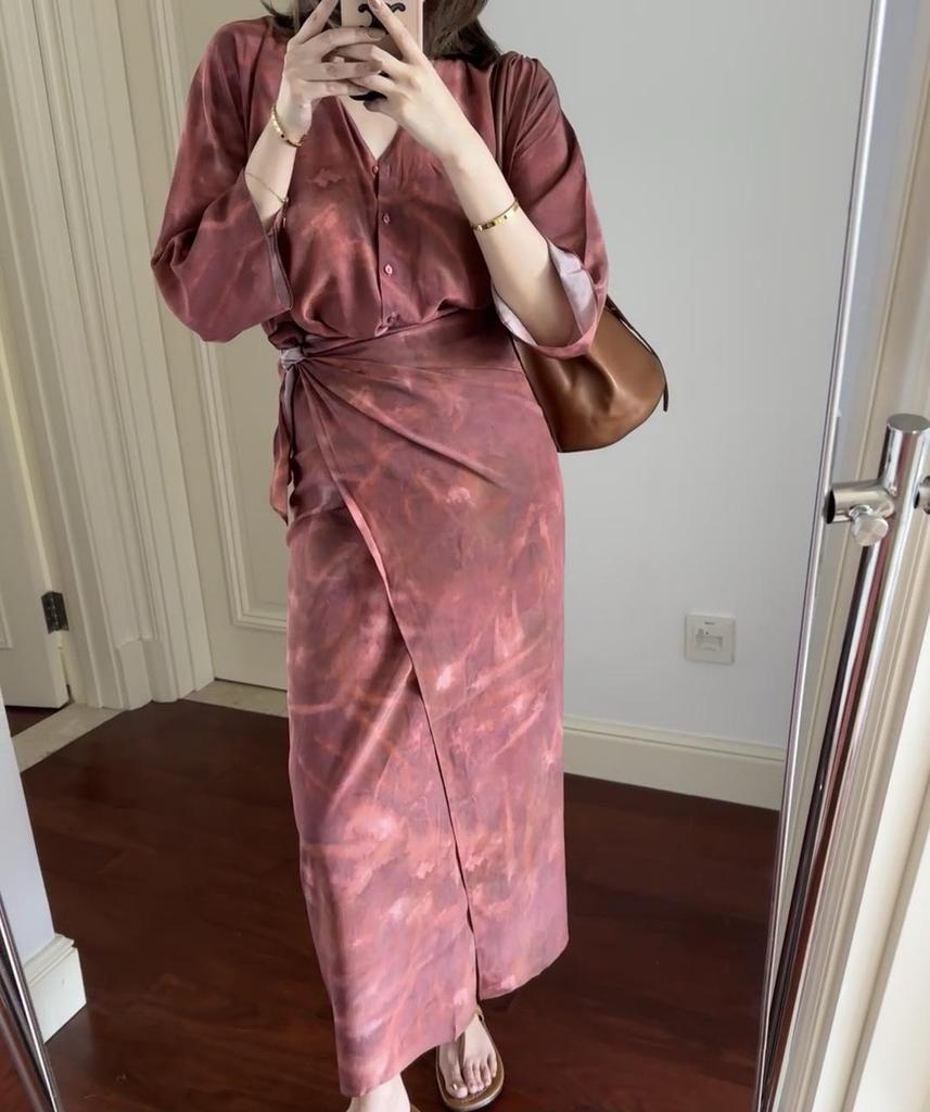 Elegant Burgundy Silk Wrap V-Neck Dress with Mid Sleeves