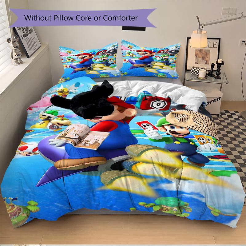 3pcs Super Mario Bros Quilt Cover Set (1 Quilt Cover + 2 Pillowcases Without Pillow Core), High-Definition Printing for Home and Dormitory.F086