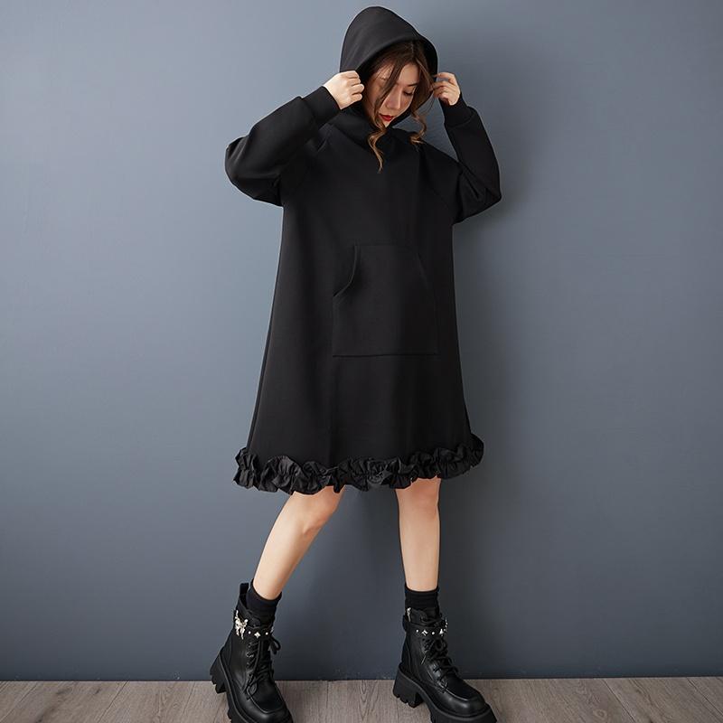 Long sleeve plus size Black cotton vintage hooded new in dresses for women casual loose midi spring autumn sweatershirt dress