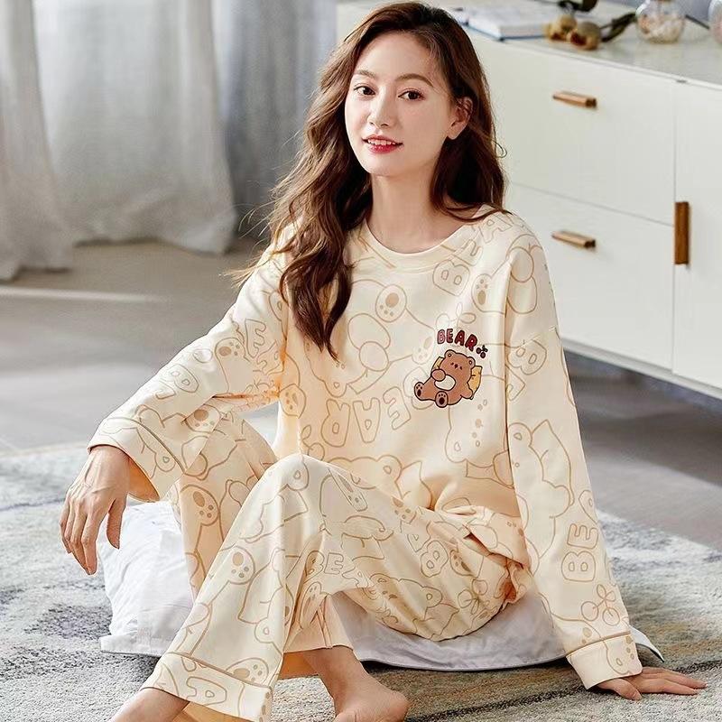 New Autumn Pajamas with Chest Pad Women Knitted Cotton Pajama Set Homewear Pijama Mujer Long Sleeve Casual Soft Female Sleepwear