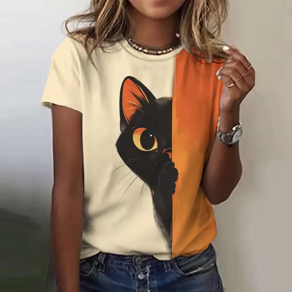 Summer Round Neck 3D Animal Cat Print Top Fashionable Casual Short Sleeved Women's T-shirts