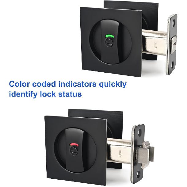 Square Pocket Door Lock with Color Coded Indicator, Pocket Door Hardware,Pocket Door Latch, Matte Black Privacy Pocket Door Hardware for Home,