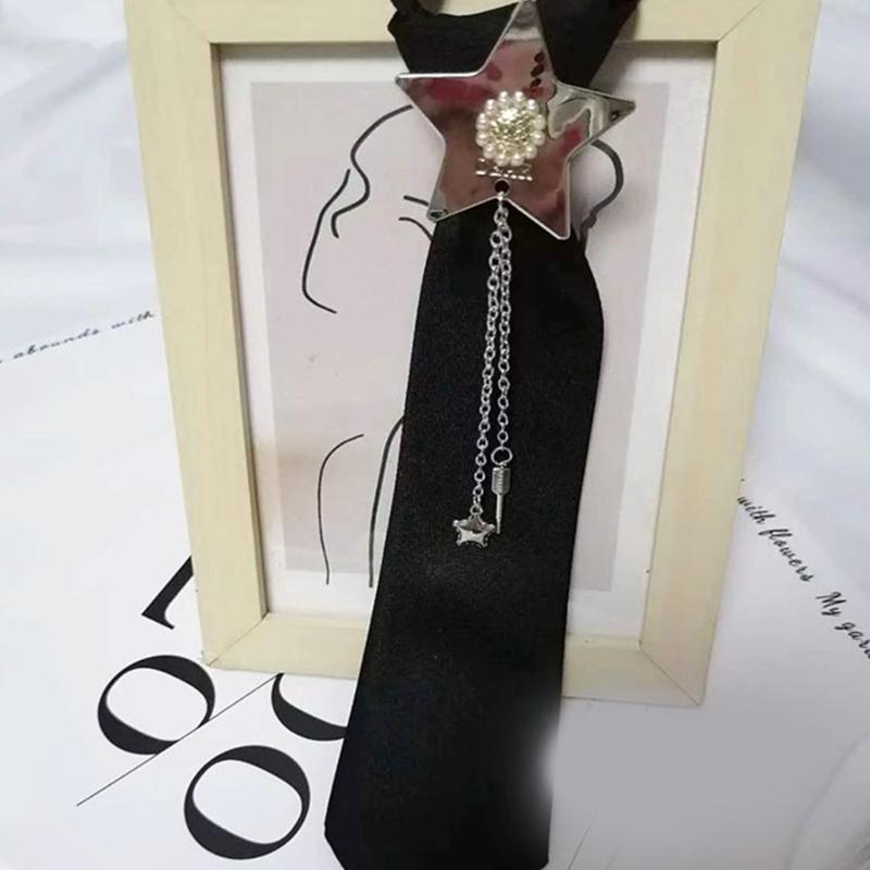 Japanese Style Women Mens Adjusted Pre-Tied Small Necktie Punk Metal Chain Tassels Star Jewelry Neck Tie Neckwear