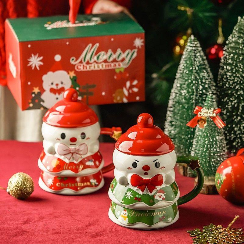 Creative Christmas Snowman Ceramic Coffee Cup Cartoon Cute Snowman Mug with Lid Birthday Gift Red Snowman Coffee Cup Home Decor
