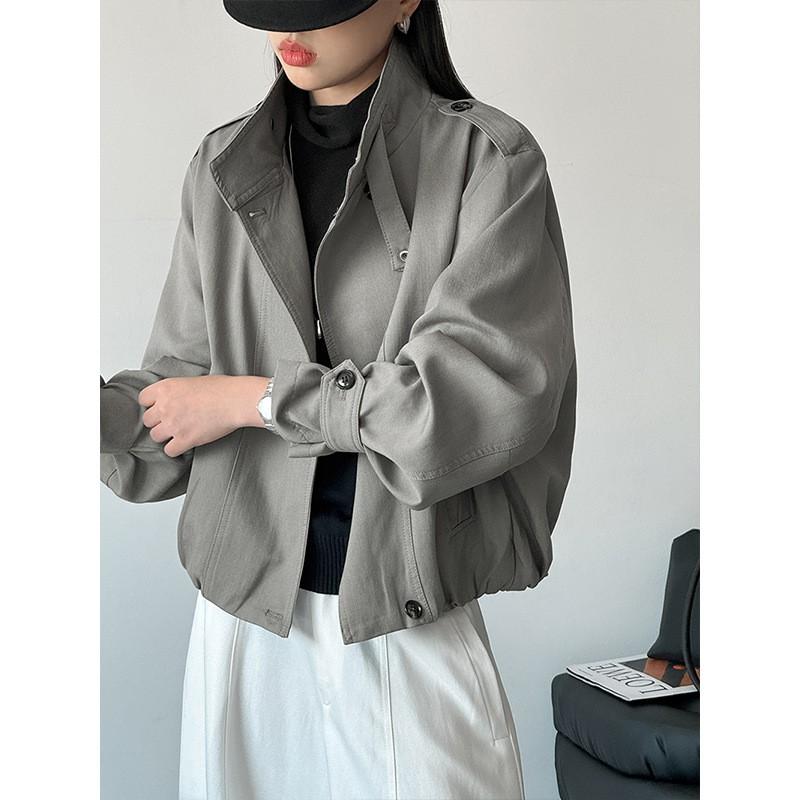 Womens Korean Style Stand Collar Loose Trench Coat Lightweight Casual Outerwear In Beige Gray Taupe