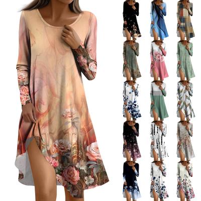 Vestido de Manga Larga para Mujer Vestido Casual Holgado con Estampado y Bolsillos