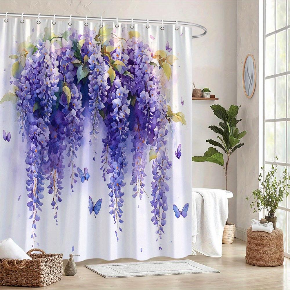 1Pc Cascading Wisteria And Blue Butterfly Shower Curtain - Fantasy Watercolor Floral Pattern, Polyester Fabric, Machine Washable