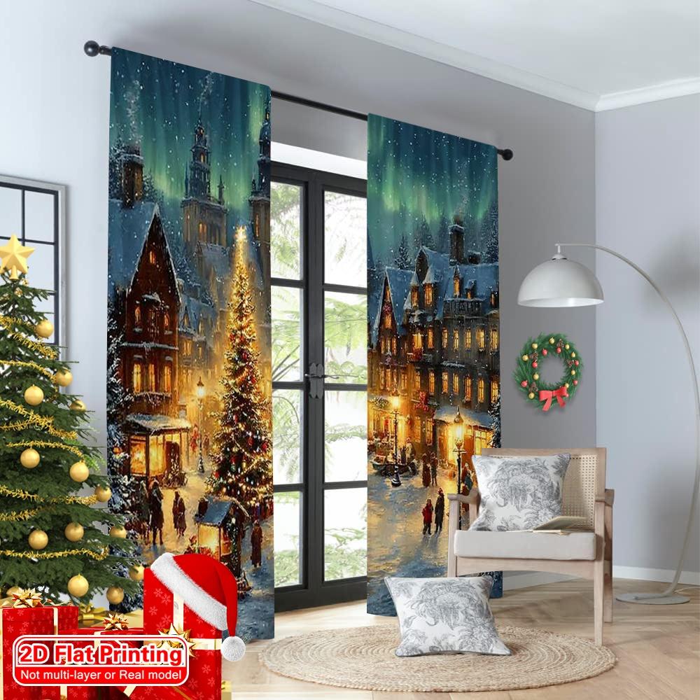 Set Of 2 Flat Printing Merry Christmas Popular Window Curtains Winter Village Versatile Fabric Without Electricity Spring Party Made Polyester
