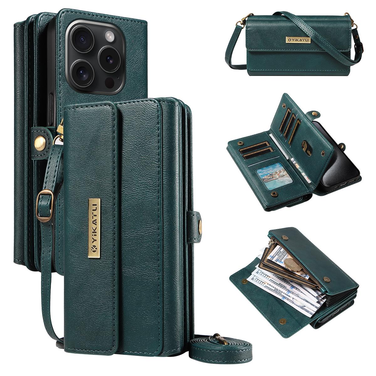 

For iPhone 15 Pro Case YIKATU YK-008 Zipper Wallet Leather Phone Cover with Shoulder Strap Green