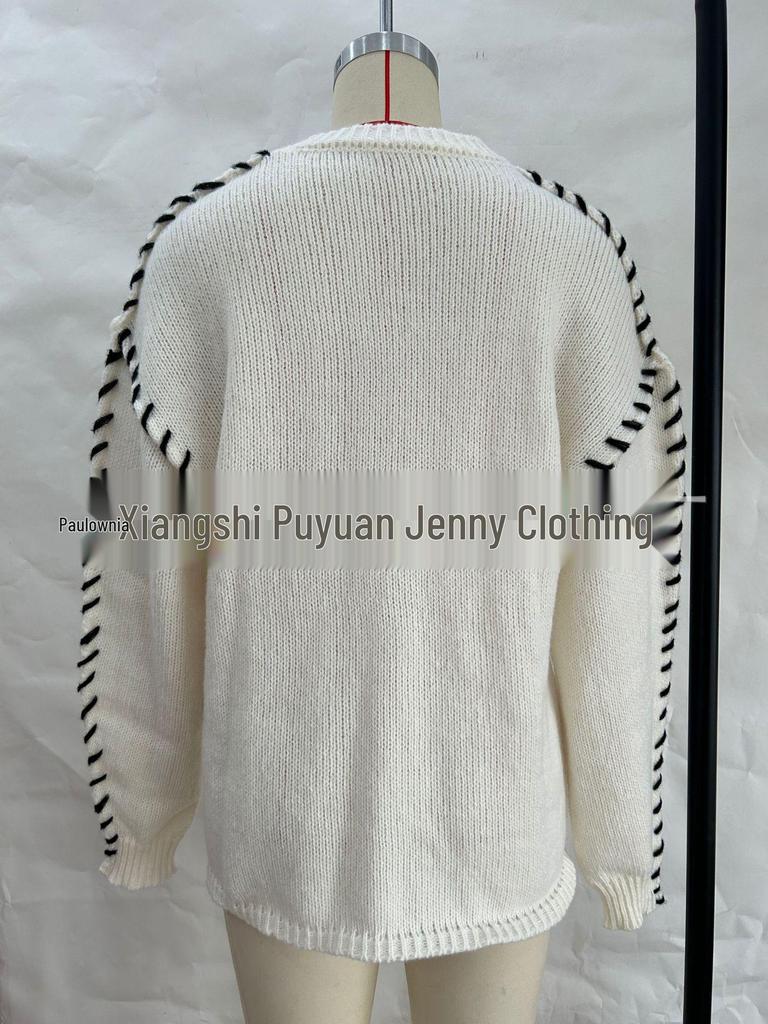 Loose Casual Solid Color Round Neck Knit Pullover with Drawstring Design - Women's Long Sleeve Sweater Top