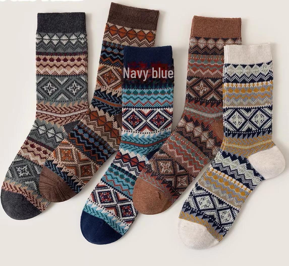 

Мужские осенне-зимние носки в этническом стиле до середины икры в британском стиле — ручная работа, бесшовный дизайн One Size тёмно-синий