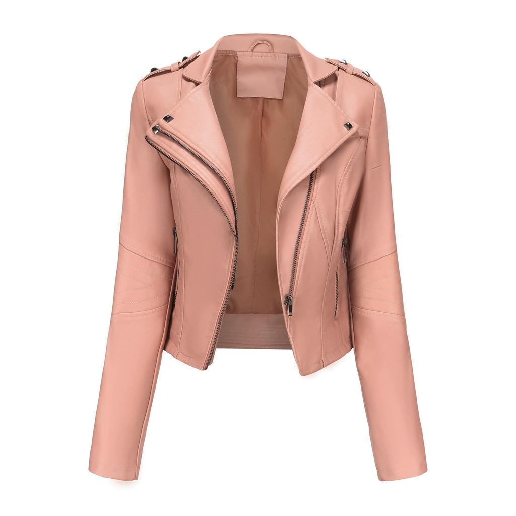 Slim Fit Long Sleeved Spring and Autumn Leather Jacket Women's Rivet European and American Popular Short Jacket Zipper Leather Jacket