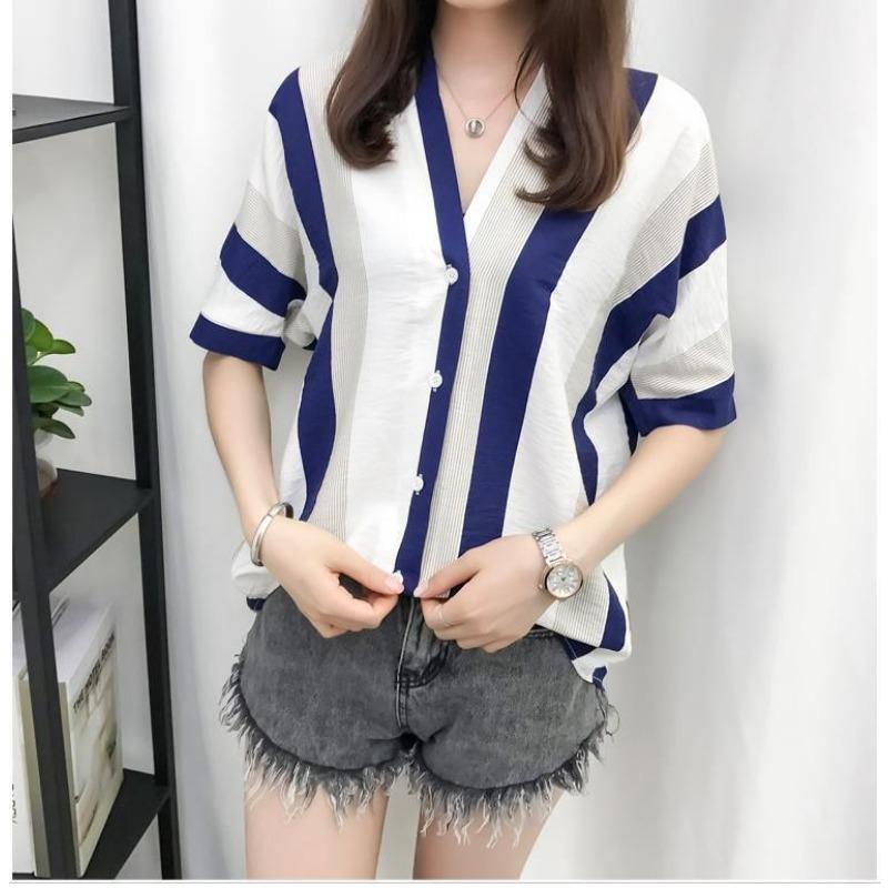 

YYFS женские модные повседневные летние весенние блузки и рубашки с короткими рукавами и v-образным вырезом с цветным принтом XXXXL тёмно-синий