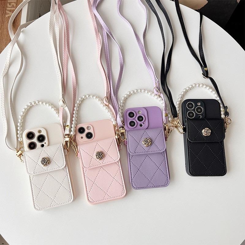 Pearl Strap Case For Xiaomi Mi 15T 14T Pro 13T Redmi Note 15 15C 14C 13C 12C Wallet Card Flower Crossbody Cord Lanyard Bag Cover