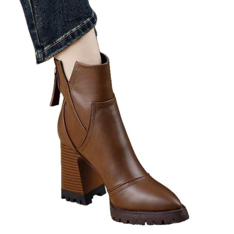 Fashion Women's High-heeled Ankle Boots  Fashion Pointed Toe Zipper British Retro Anti Slip Women's Short Boots Botas Mujer