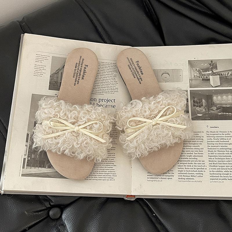 

Retro bow girls casual fluffy shoes autumn and winter fashion versatile slippers easy to wear comfortable versatile one-word drag 40