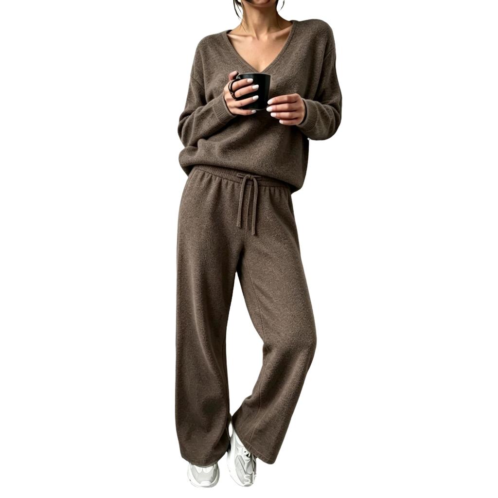 Women's Off-Shoulder Long Sleeve Cutout Knit Two-Piece Set Color Casual Outfit
