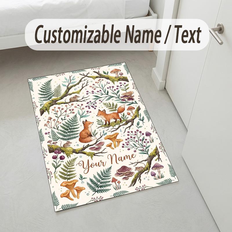Forest Fox Theme Soft Crystal Velvet Rug Custom Name & Text Print Non Slip Floor Rug for Bedroom Living Room