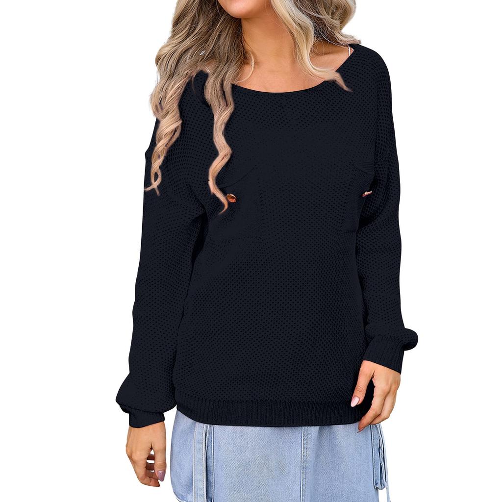 Women's Casual Solid Sweater Chest Pocket  Neck Long Sleeve Fall Knit Top Pullover