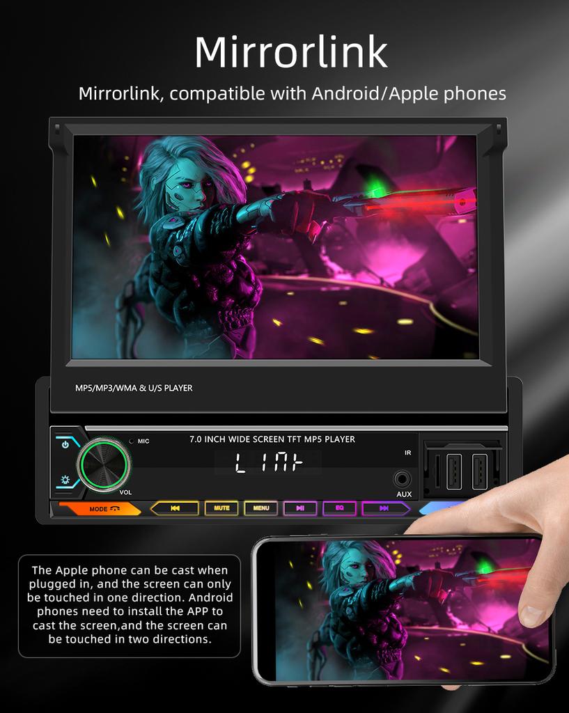 BQCC 9614W-S 7" 1 Din Car MP5 Player Retractable Screen FM AM Mirrorlink AUX Colorful Lights USB Wireless Android AUTO/Carplay