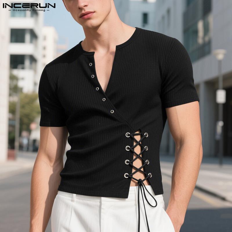 INCERUN Men V Neck Short Sleeve Bandage Rib Casual Fitted Short T-shirts Tops