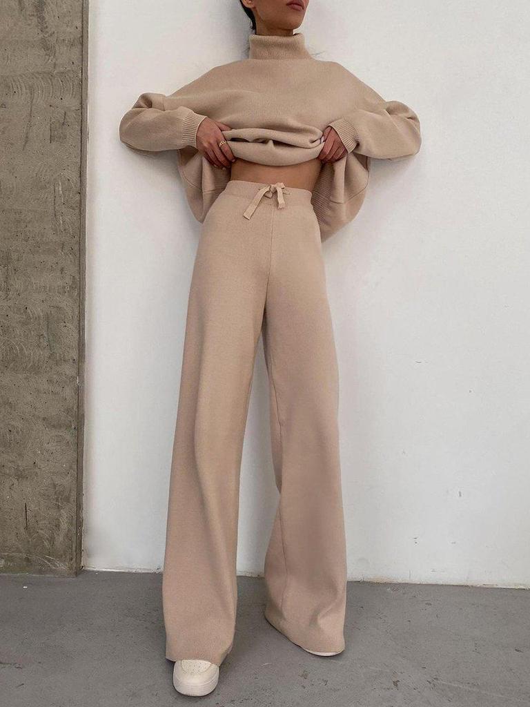 2025 European Style Brown Two-Piece: Long Sleeve High Neck Hoodie & Elegant Wide-Leg Pants
