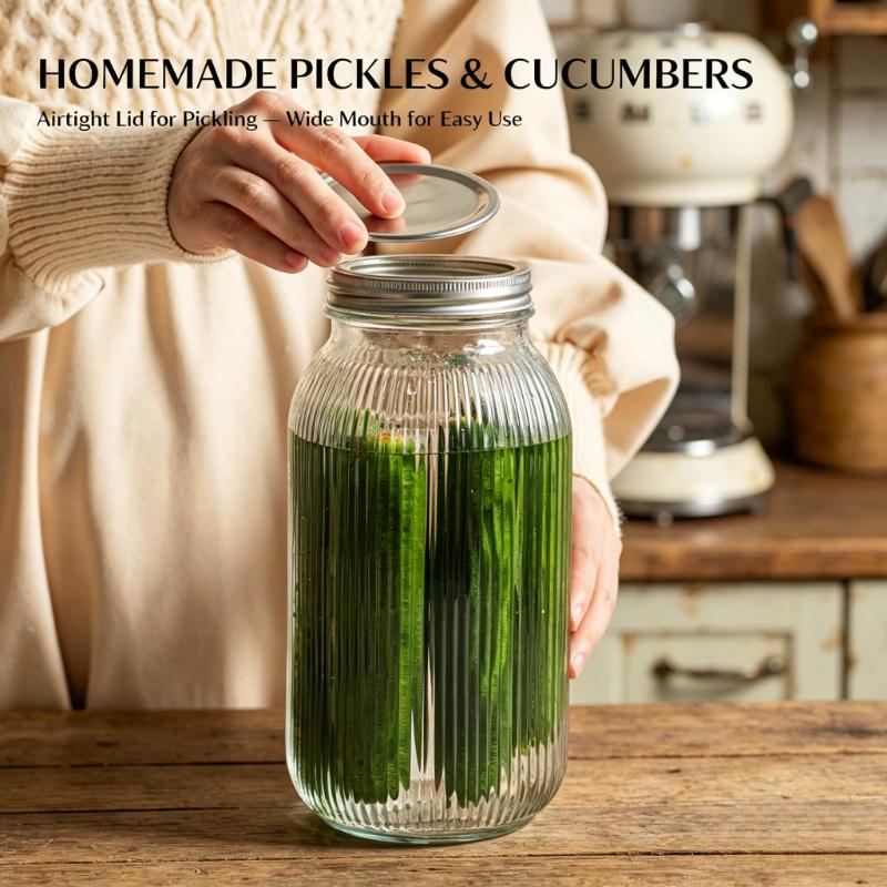 2PCS Wide-Mouth Glass Mason Jars with Screw Lids Threaded Canning Jars for Pickles Fermented Refrigeration & Pantry Storage